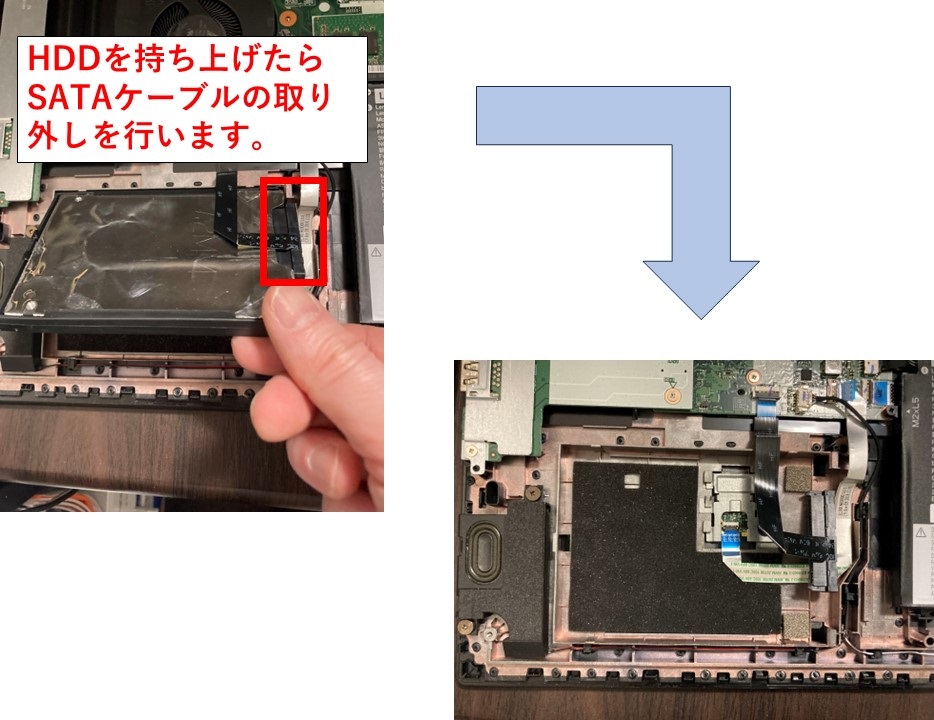 HDDを持ち上げたらSATAケーブルの取り外しを行います